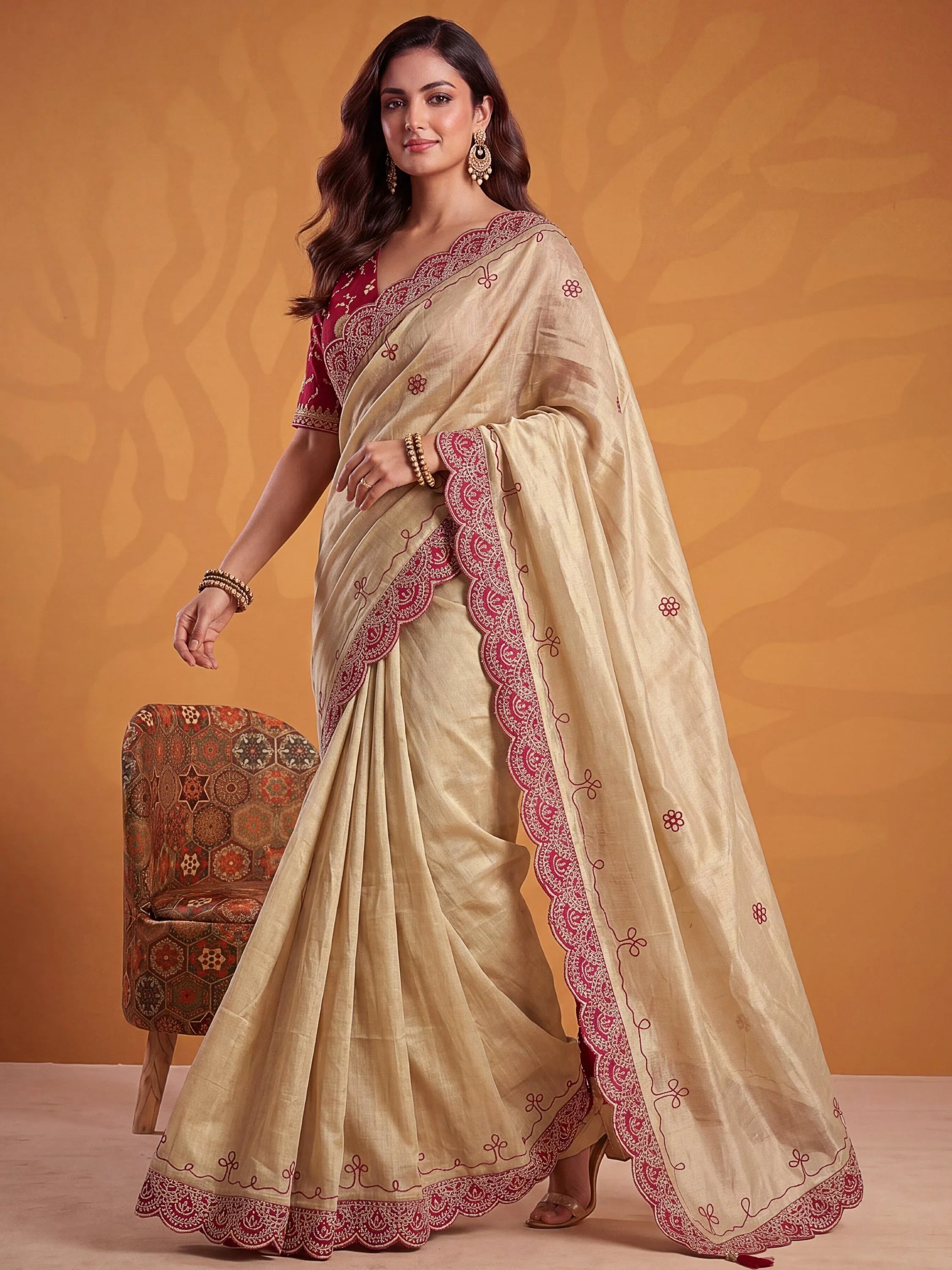 Pretty Pink Embroidered Silk Engagement Wear Saree With Blouse
