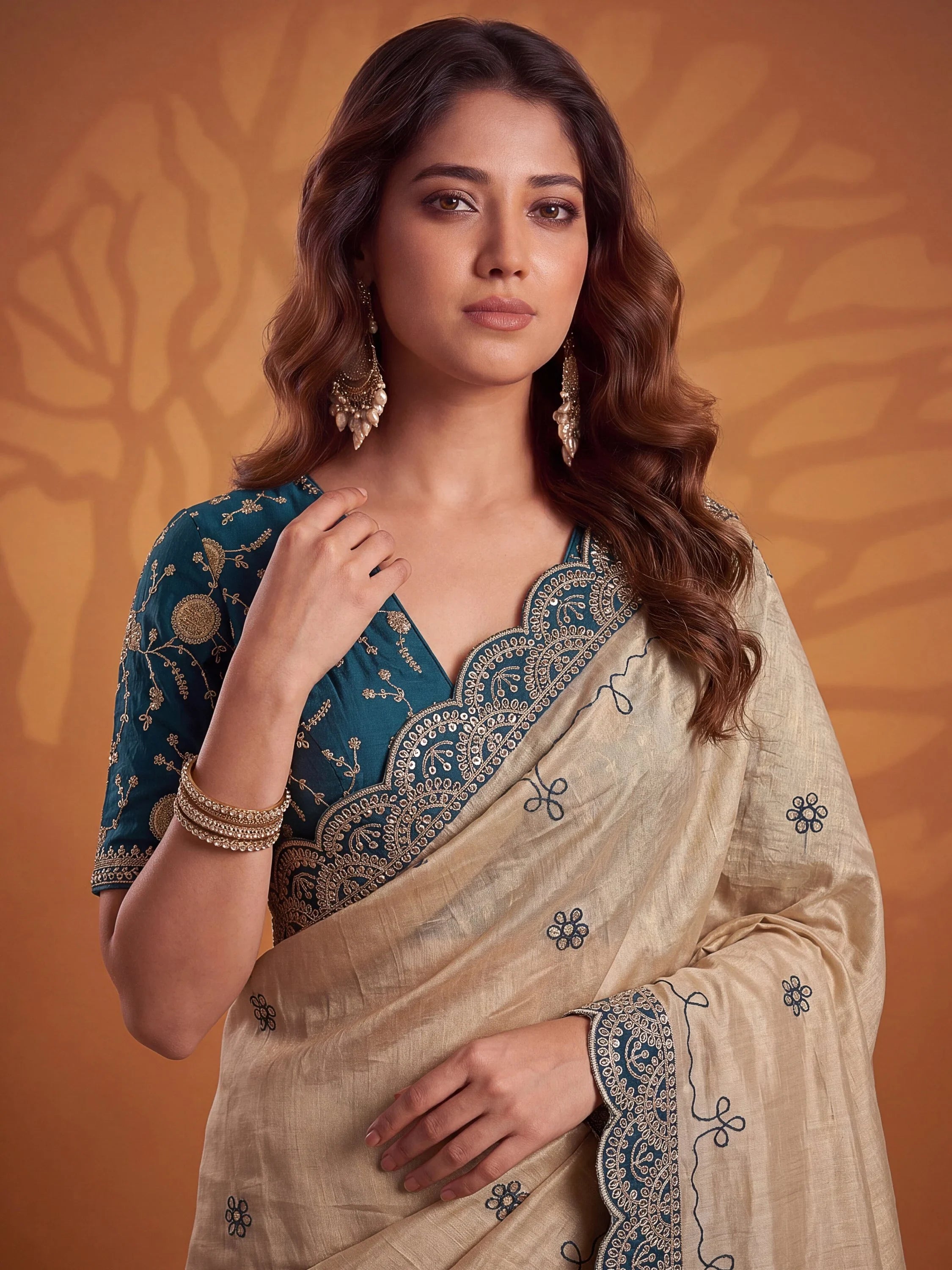 Fascinating Teal Blue Dori Work Silk Evening Wear Saree With Blouse
