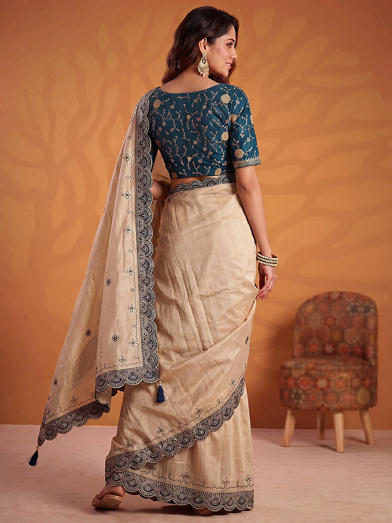 Fascinating Teal Blue Dori Work Silk Evening Wear Saree With Blouse