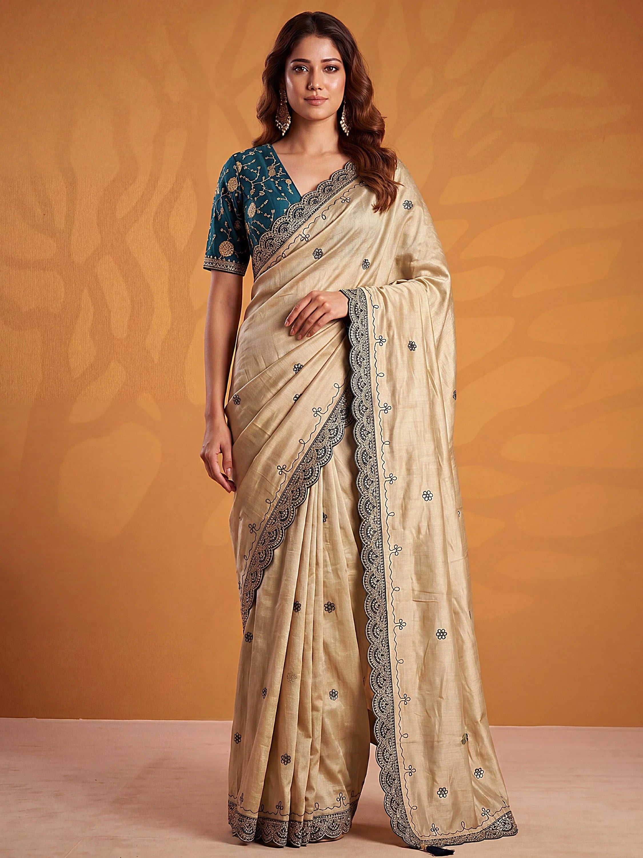 Fascinating Teal Blue Dori Work Silk Evening Wear Saree With Blouse