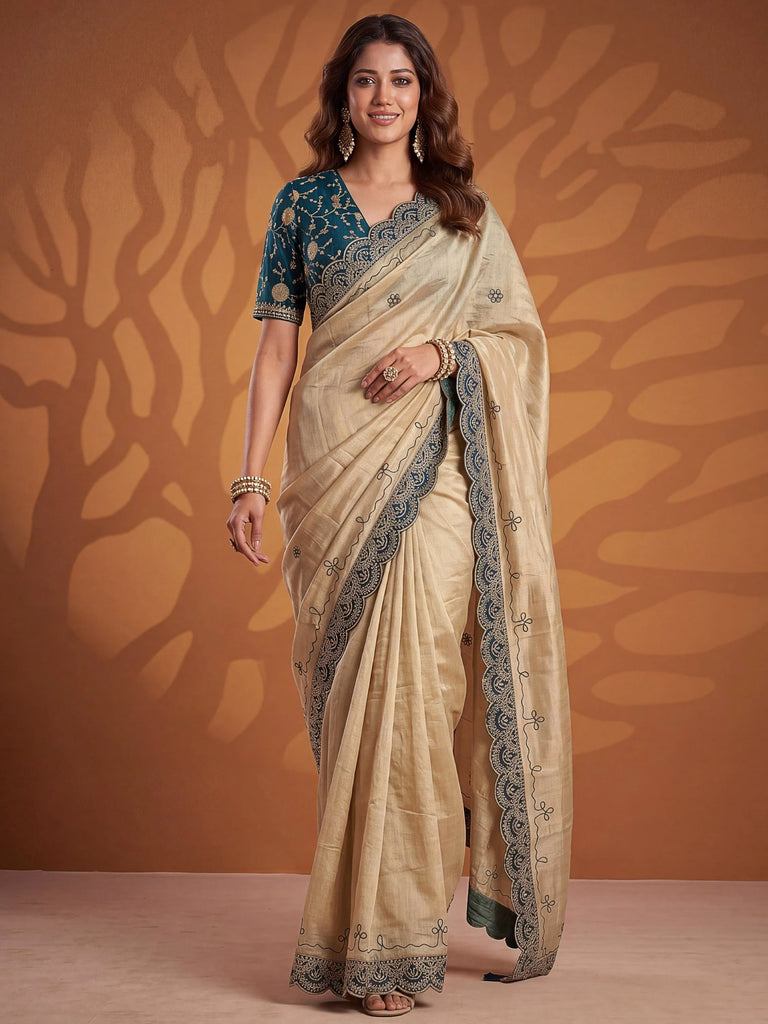 Fascinating Teal Blue Dori Work Silk Evening Wear Saree With Blouse