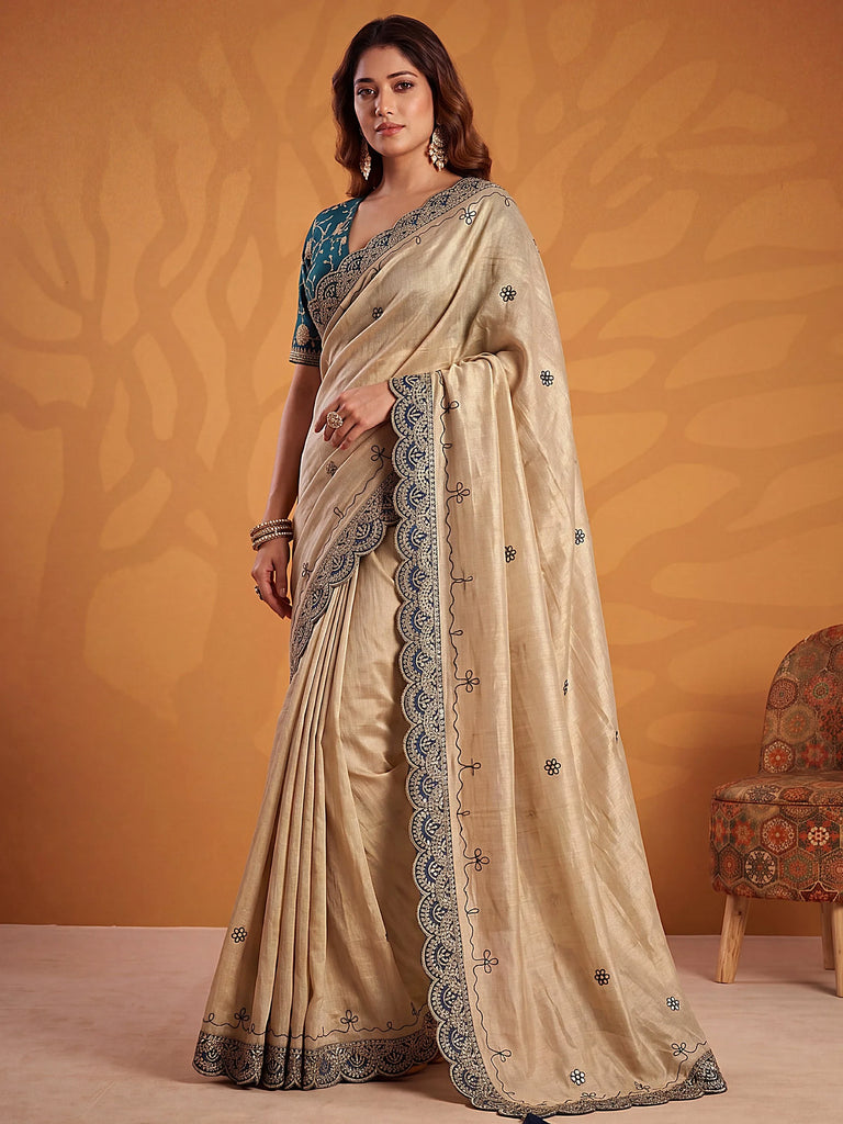 Fascinating Teal Blue Dori Work Silk Evening Wear Saree With Blouse