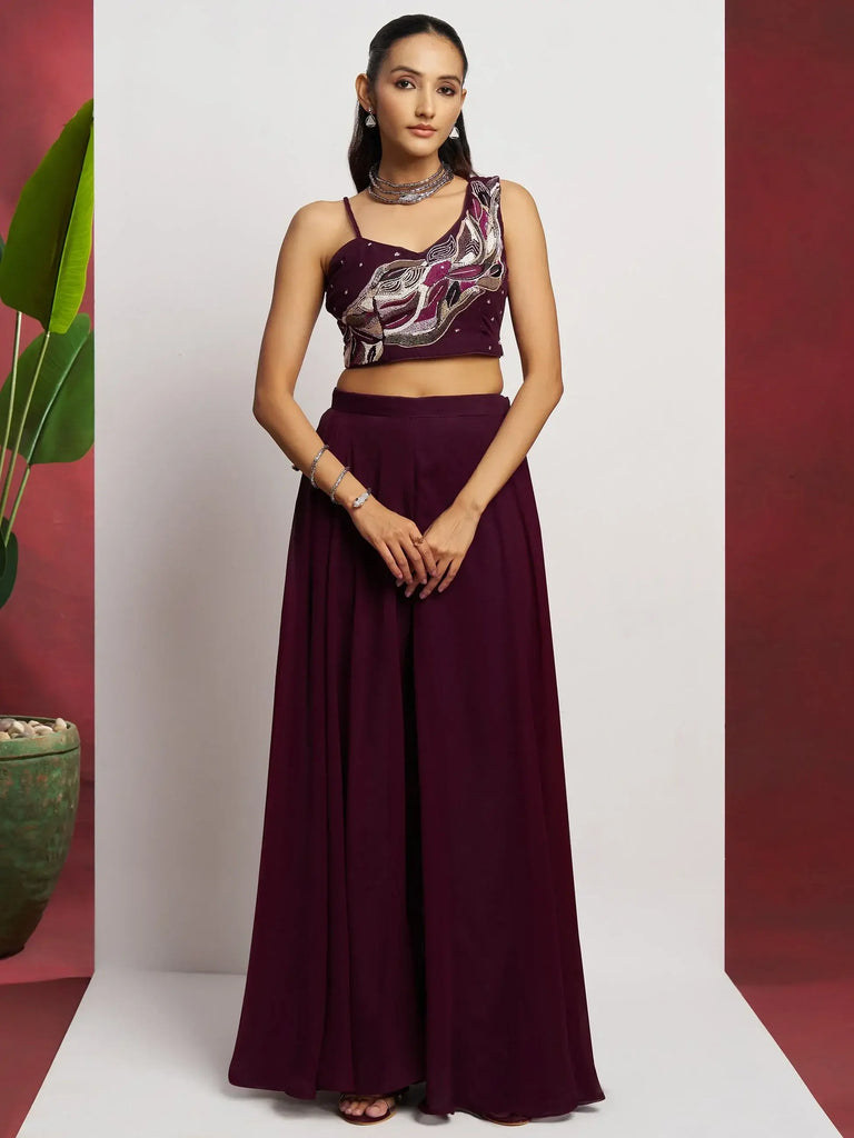 Glamorous Wine Khatli Work Georgette Party Wear Crop Top With Palazzo