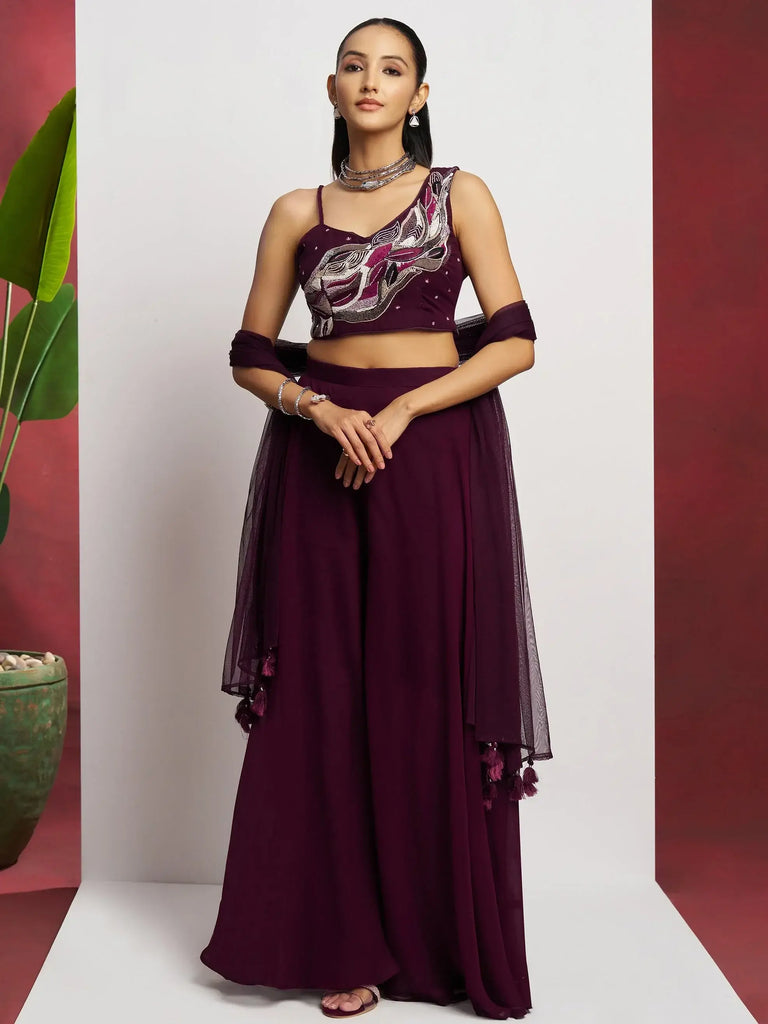 Glamorous Wine Khatli Work Georgette Party Wear Crop Top With Palazzo