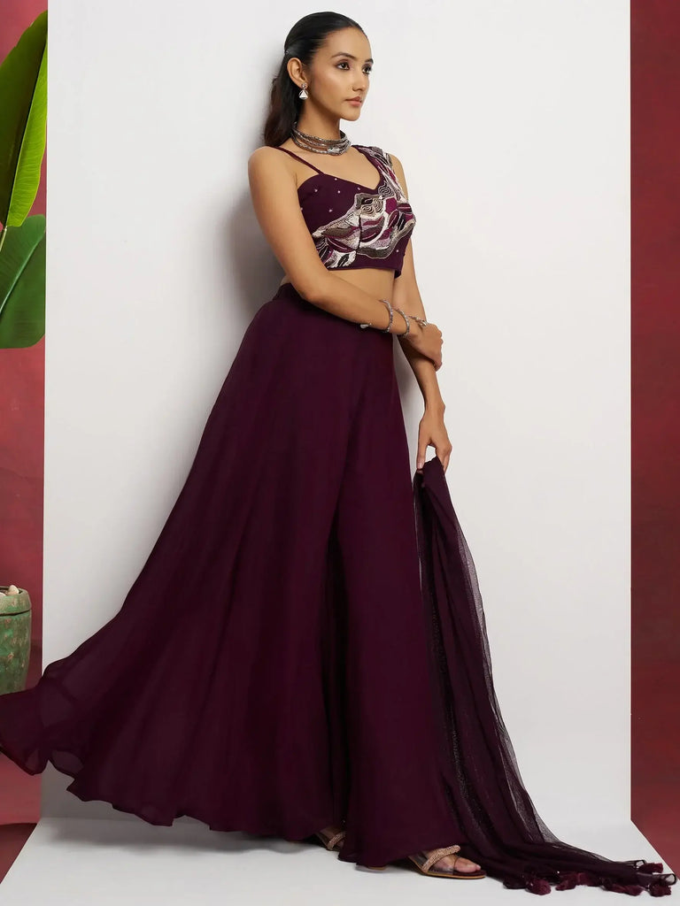 Glamorous Wine Khatli Work Georgette Party Wear Crop Top With Palazzo