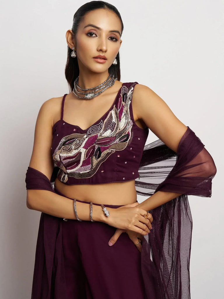 Glamorous Wine Khatli Work Georgette Party Wear Crop Top With Palazzo