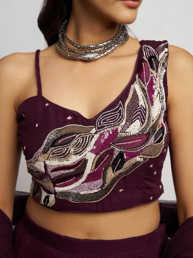 Glamorous Wine Khatli Work Georgette Party Wear Crop Top With Palazzo