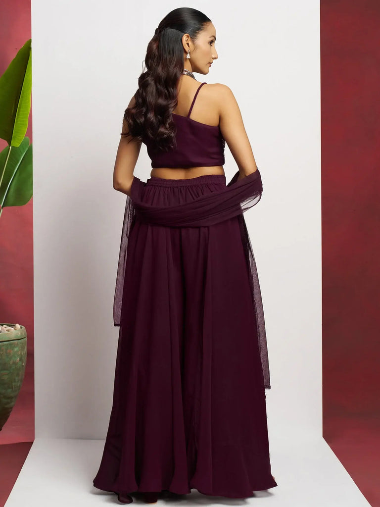Glamorous Wine Khatli Work Georgette Party Wear Crop Top With Palazzo