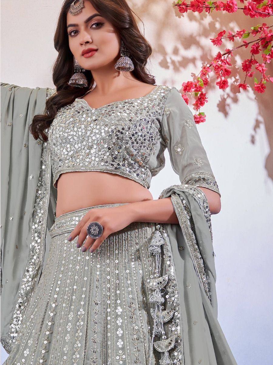 Silver sequin lehenga choli with dupatta, perfect for Indian ethnic wear and festive occasions