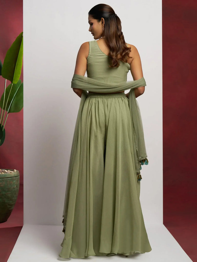 Incredible Pista Green Khatli Work Georgette Crop Top Palazzo With Dupatta
