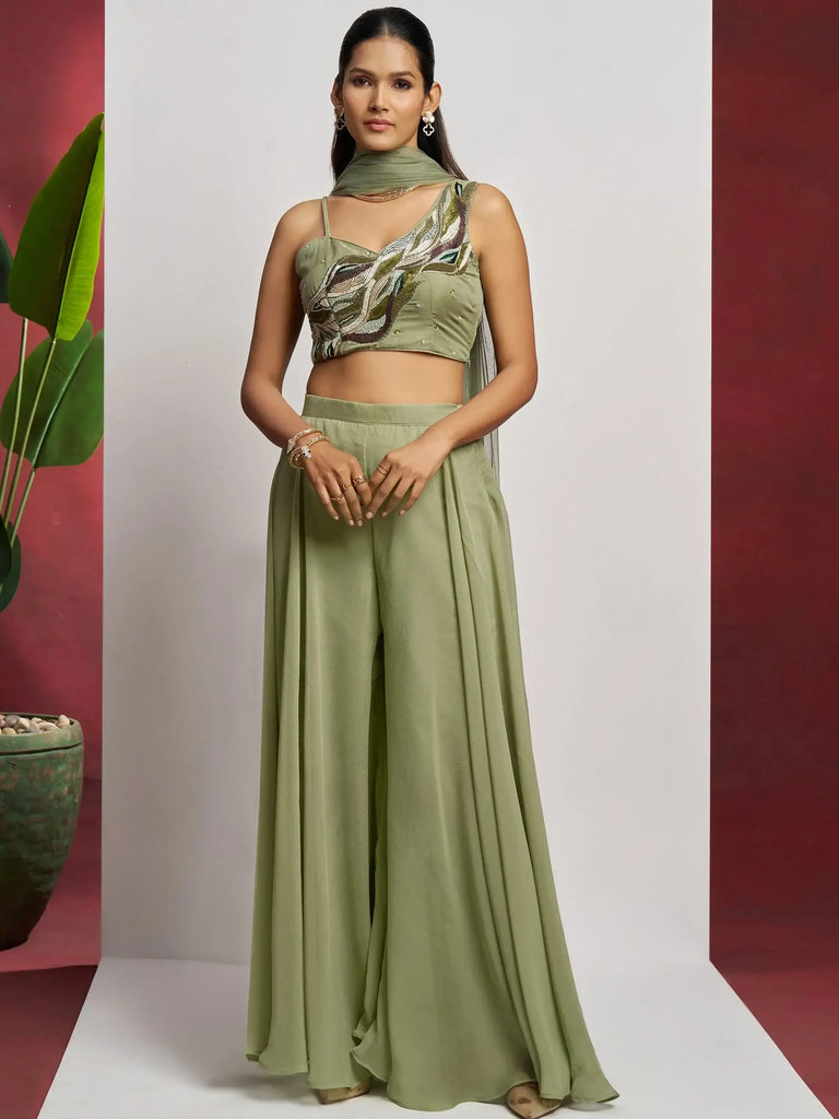Incredible Pista Green Khatli Work Georgette Crop Top Palazzo With Dupatta