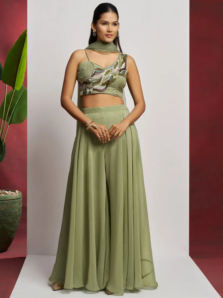 Incredible Pista Green Khatli Work Georgette Crop Top Palazzo With Dupatta
