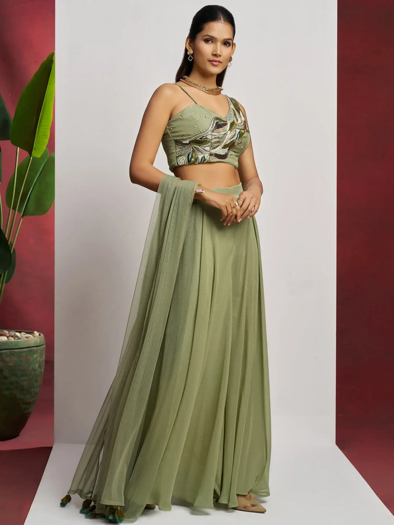Incredible Pista Green Khatli Work Georgette Crop Top Palazzo With Dupatta