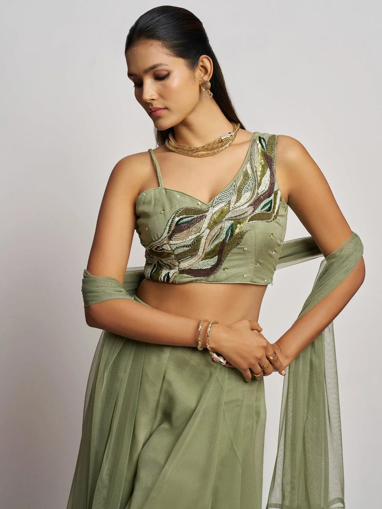 Incredible Pista Green Khatli Work Georgette Crop Top Palazzo With Dupatta
