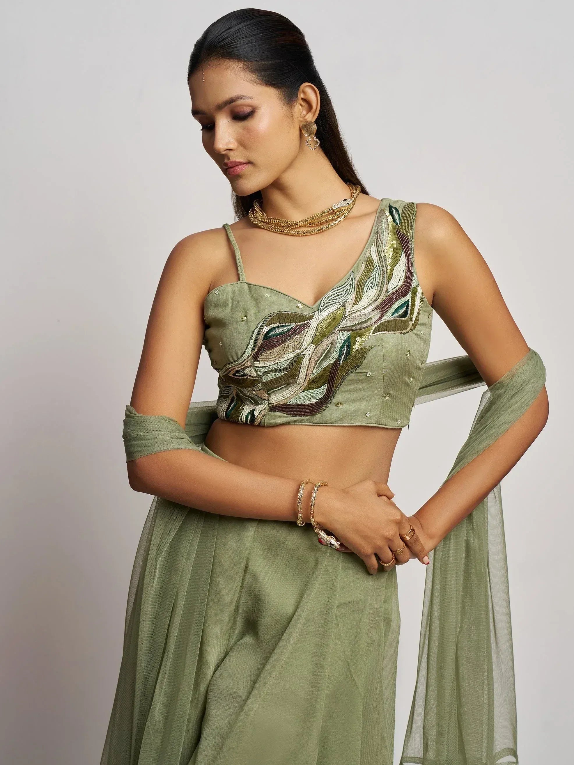Incredible Pista Green Khatli Work Georgette Crop Top Palazzo With Dupatta