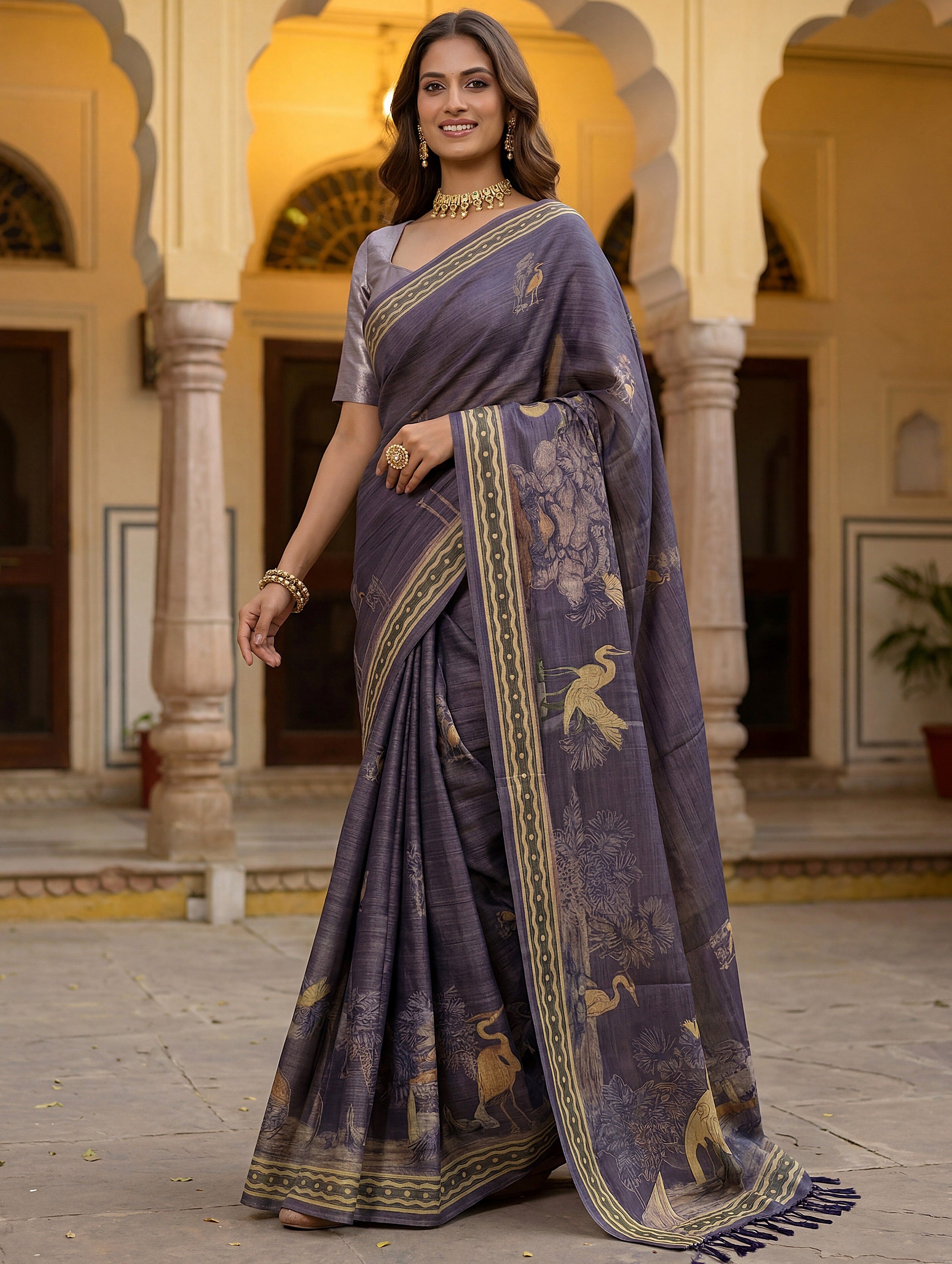 Beautiful Lavender Digital Printed Silk Event Wear Saree With Blouse