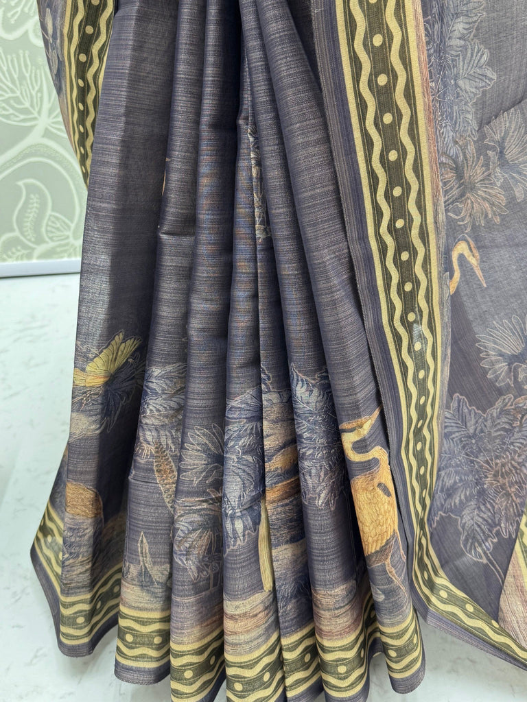 Beautiful Lavender Digital Printed Silk Event Wear Saree With Blouse
