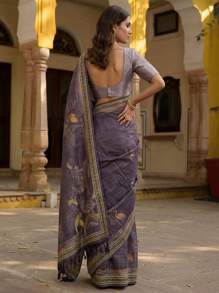 Beautiful Lavender Digital Printed Silk Event Wear Saree With Blouse