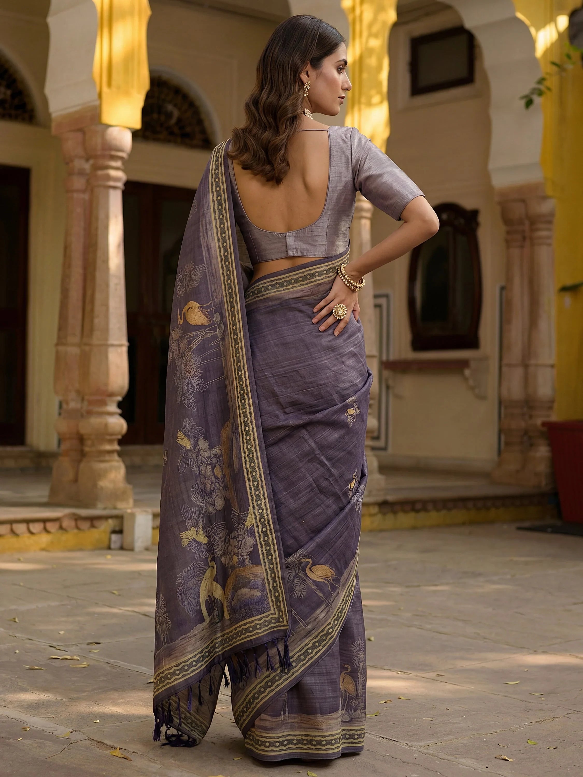 Beautiful Lavender Digital Printed Silk Event Wear Saree With Blouse