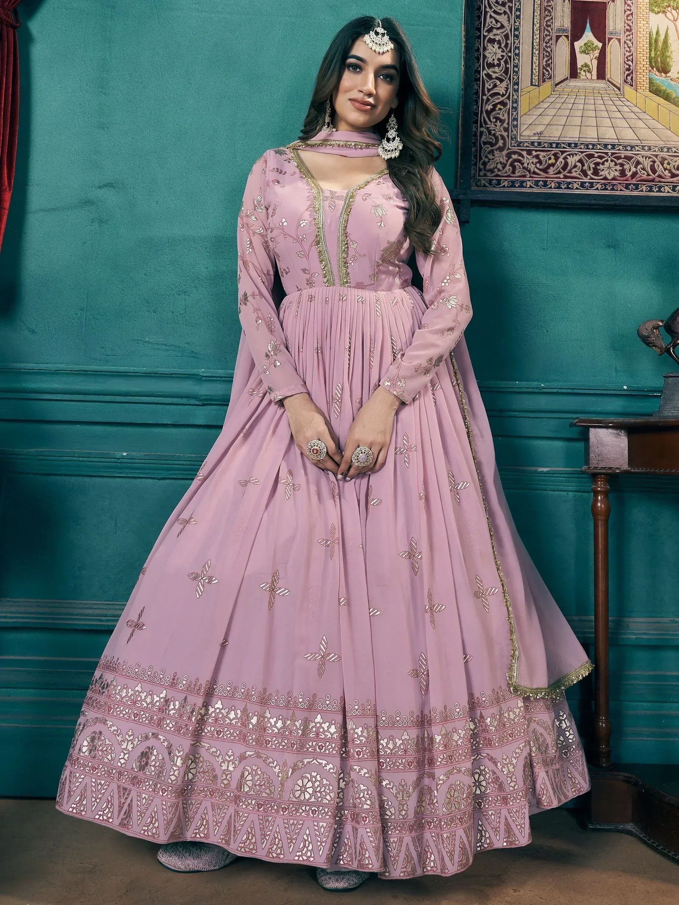 Pink embroidered anarkali suit with gold detailing, perfect for Indian ethnic occasions