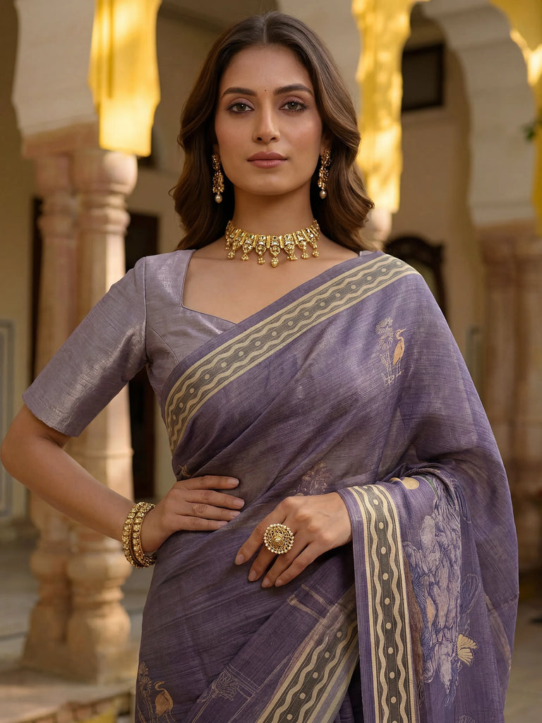 Beautiful Lavender Digital Printed Silk Event Wear Saree With Blouse