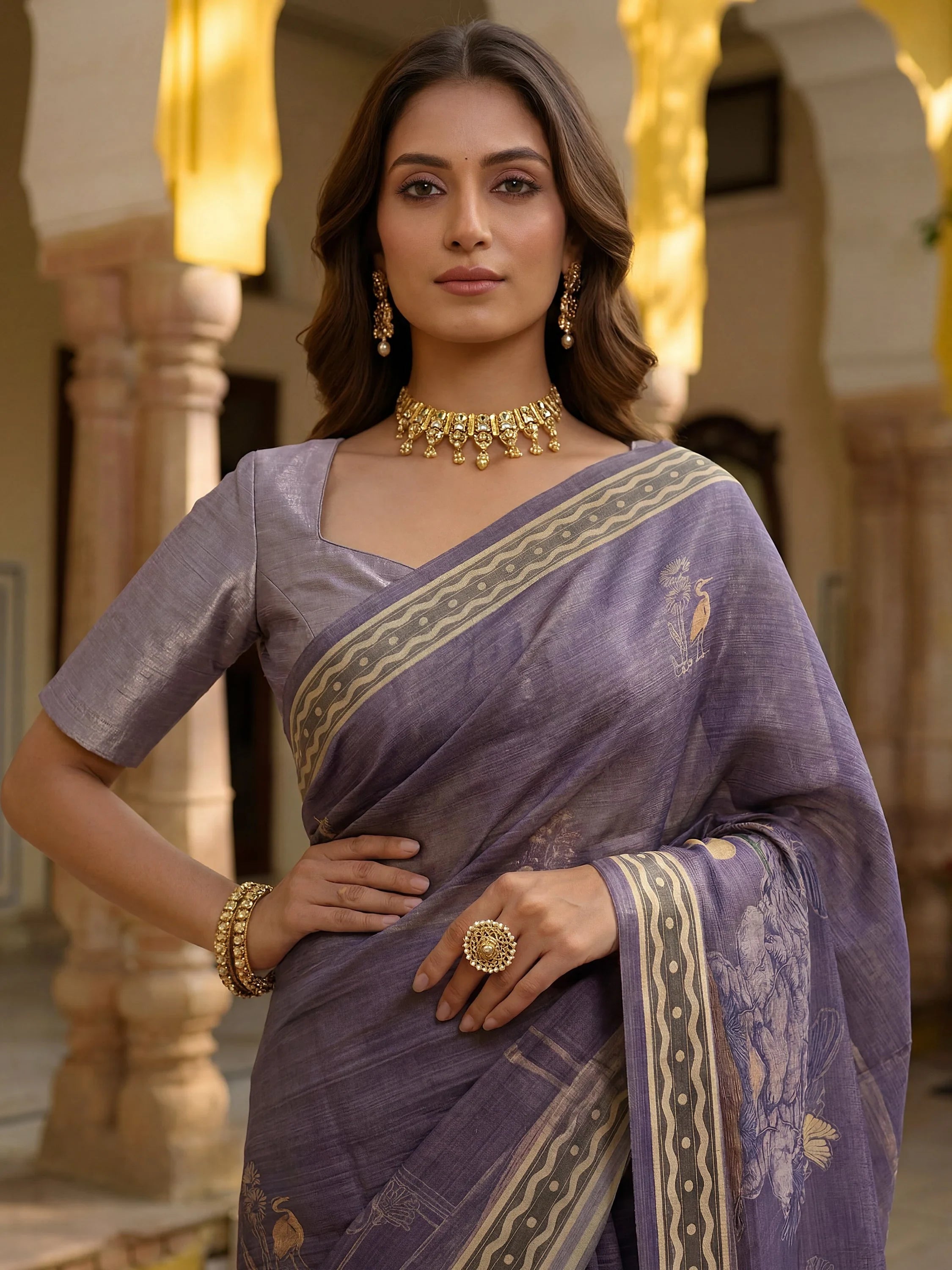 Beautiful Lavender Digital Printed Silk Event Wear Saree With Blouse