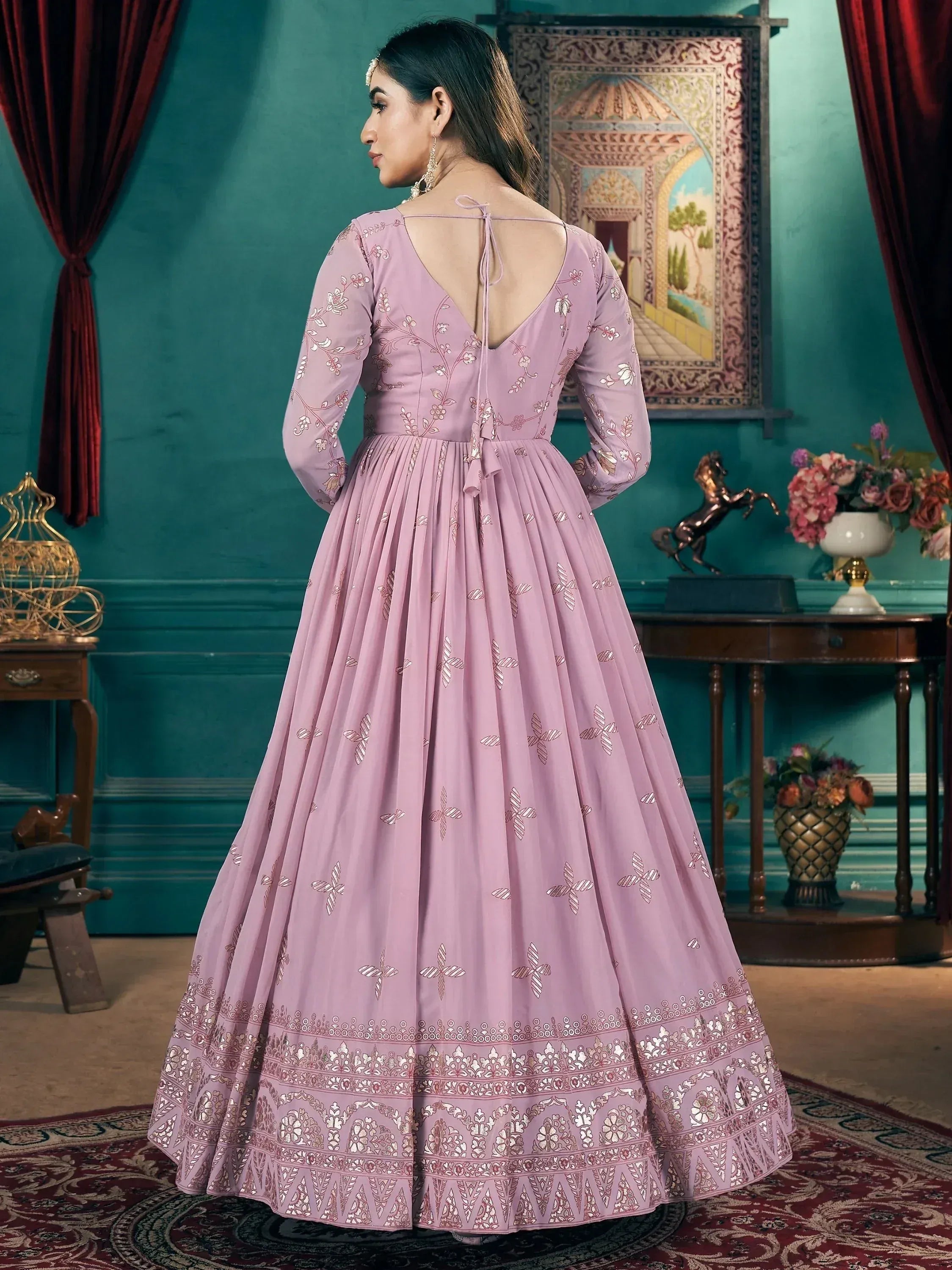 Elegant lavender anarkali gown with floral embroidery, back tie detail, perfect for Indian ethnic occasions
