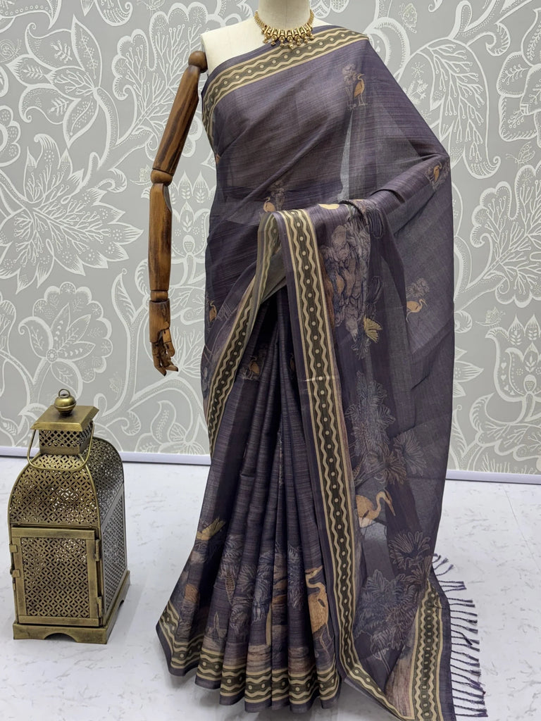 Beautiful Lavender Digital Printed Silk Event Wear Saree With Blouse