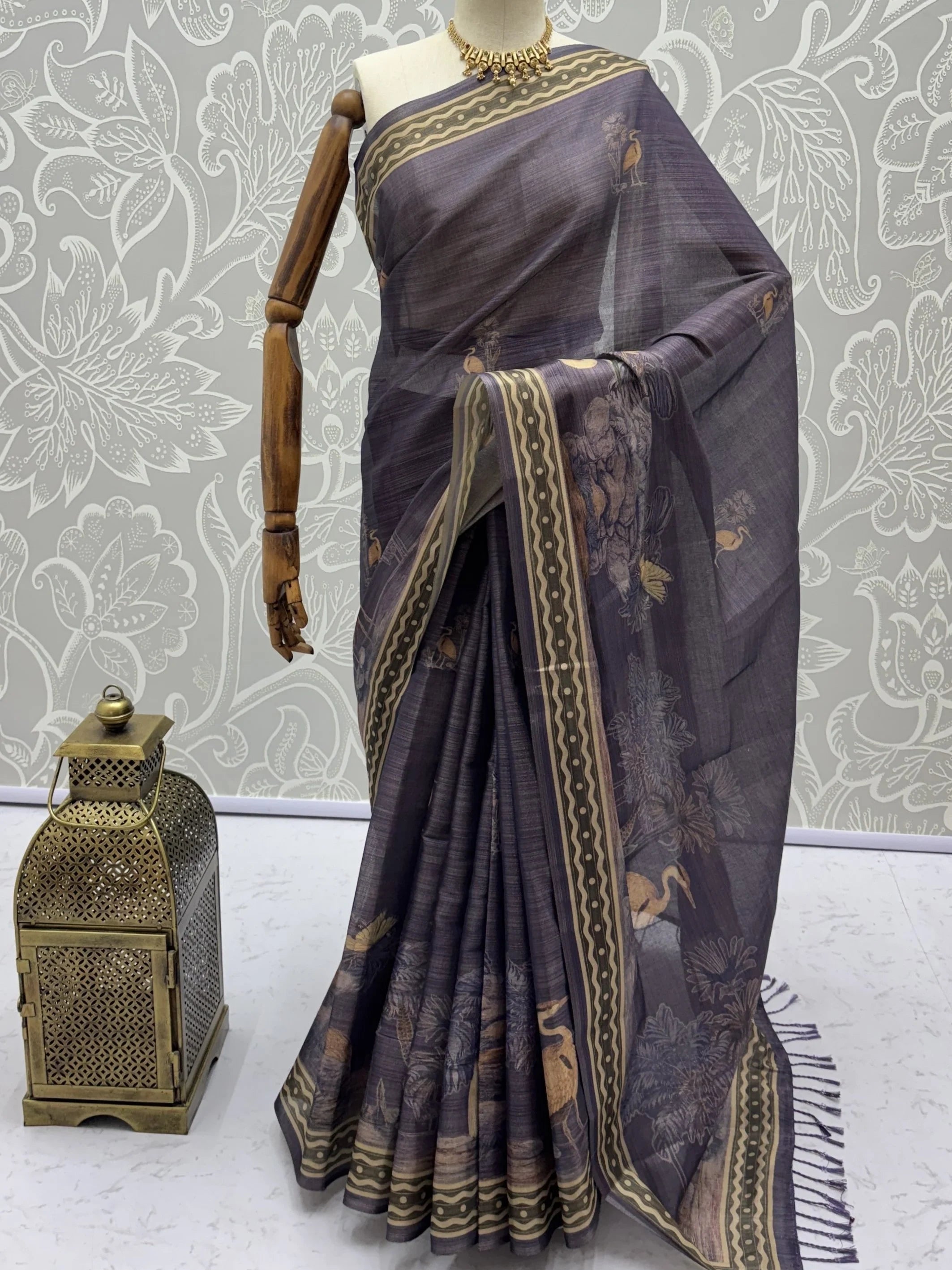 Beautiful Lavender Digital Printed Silk Event Wear Saree With Blouse