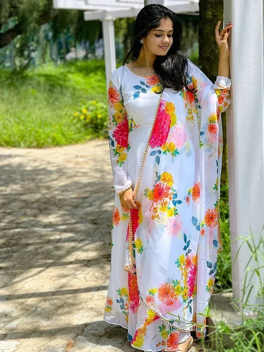 White floral printed ethnic gown with dupatta, perfect for Indian occasions and parties