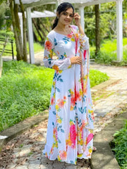Beautiful White Floral Printed Georgette Festive Wear Gown
