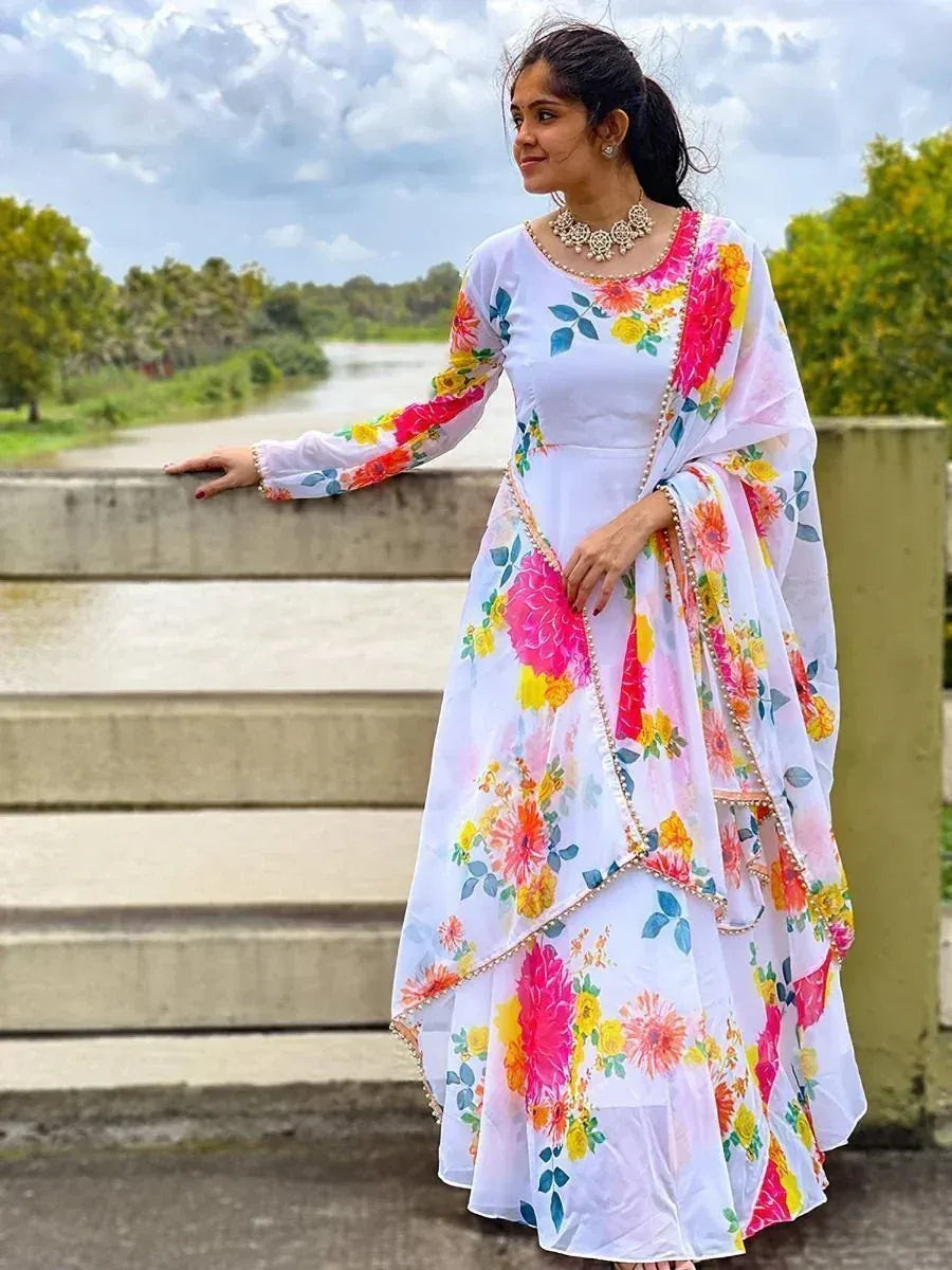White floral print anarkali suit with dupatta, perfect for Indian ethnic occasions
