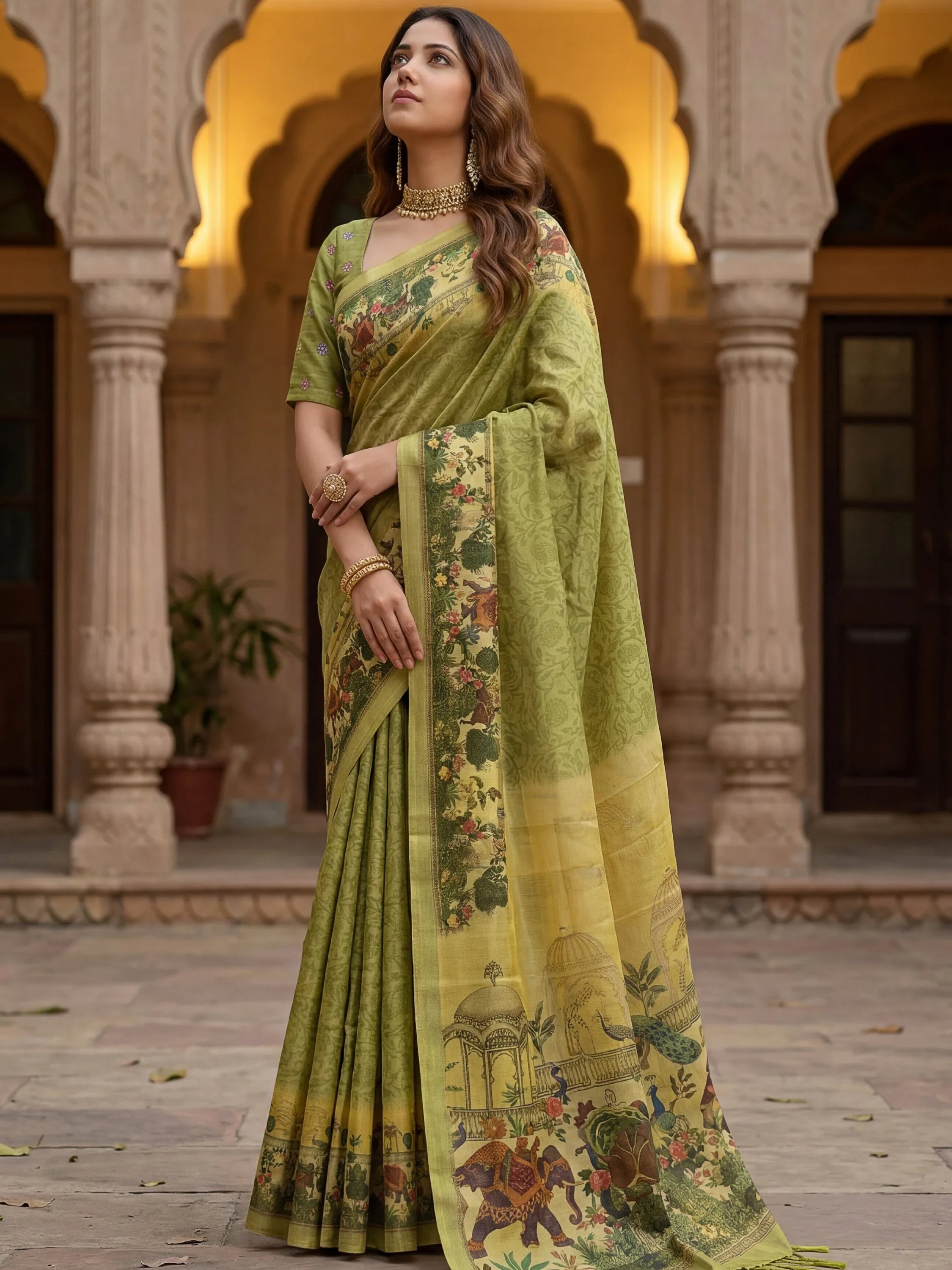 Splendid Olive Green Digital Printed Silk Mehendi Wear Saree With Blouse