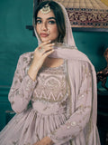Marvelous Dusty Pink Foil Printed Georgette Wedding Wear Gown