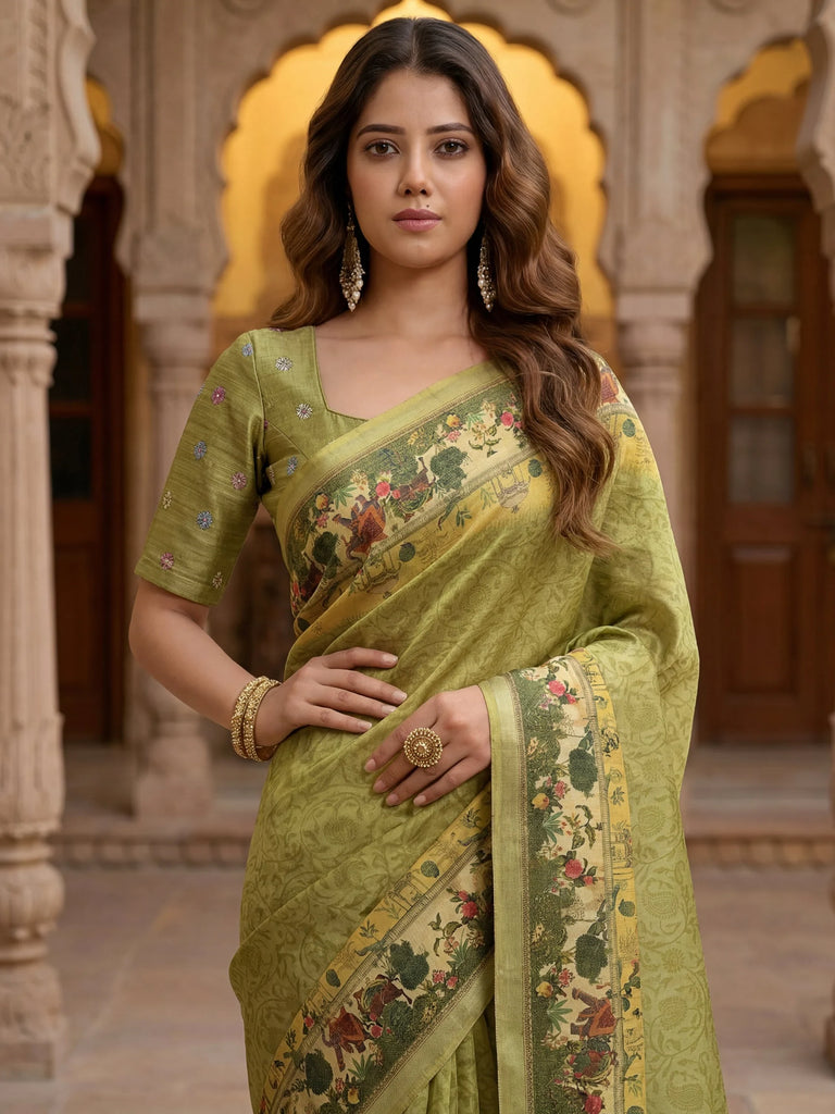 Splendid Olive Green Digital Printed Silk Mehendi Wear Saree With Blouse