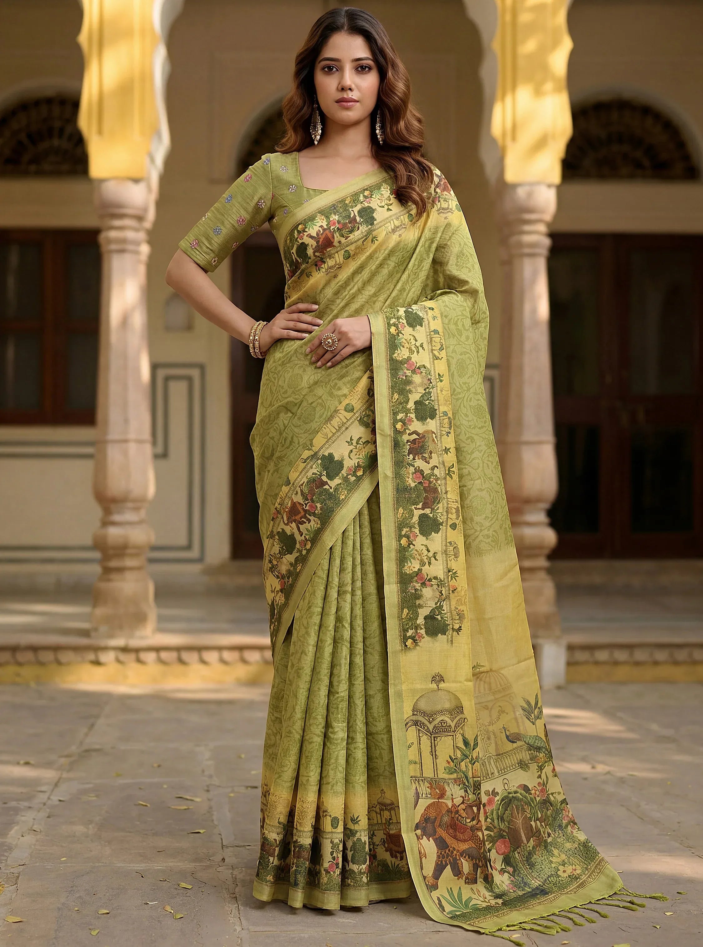 Splendid Olive Green Digital Printed Silk Mehendi Wear Saree With Blouse