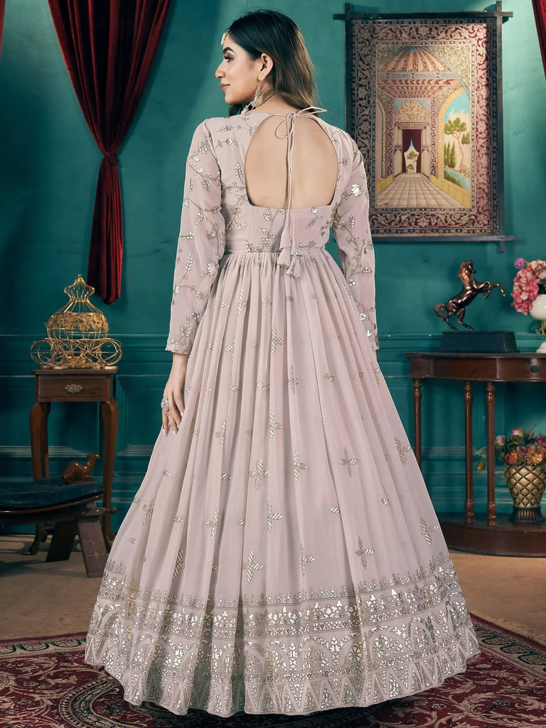 Marvelous Dusty Pink Foil Printed Georgette Wedding Wear Gown