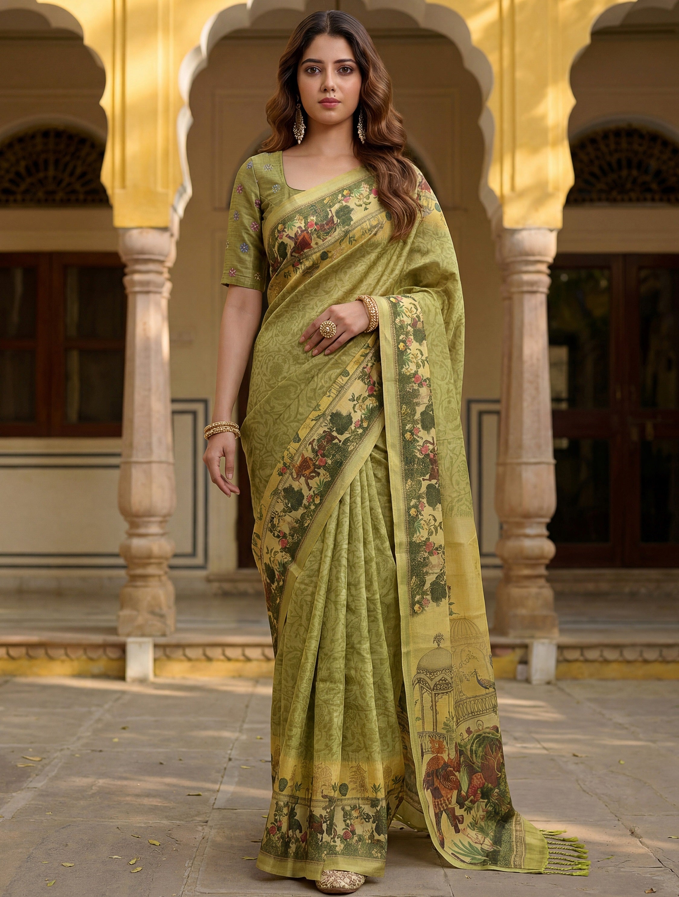 Splendid Olive Green Digital Printed Silk Mehendi Wear Saree With Blouse