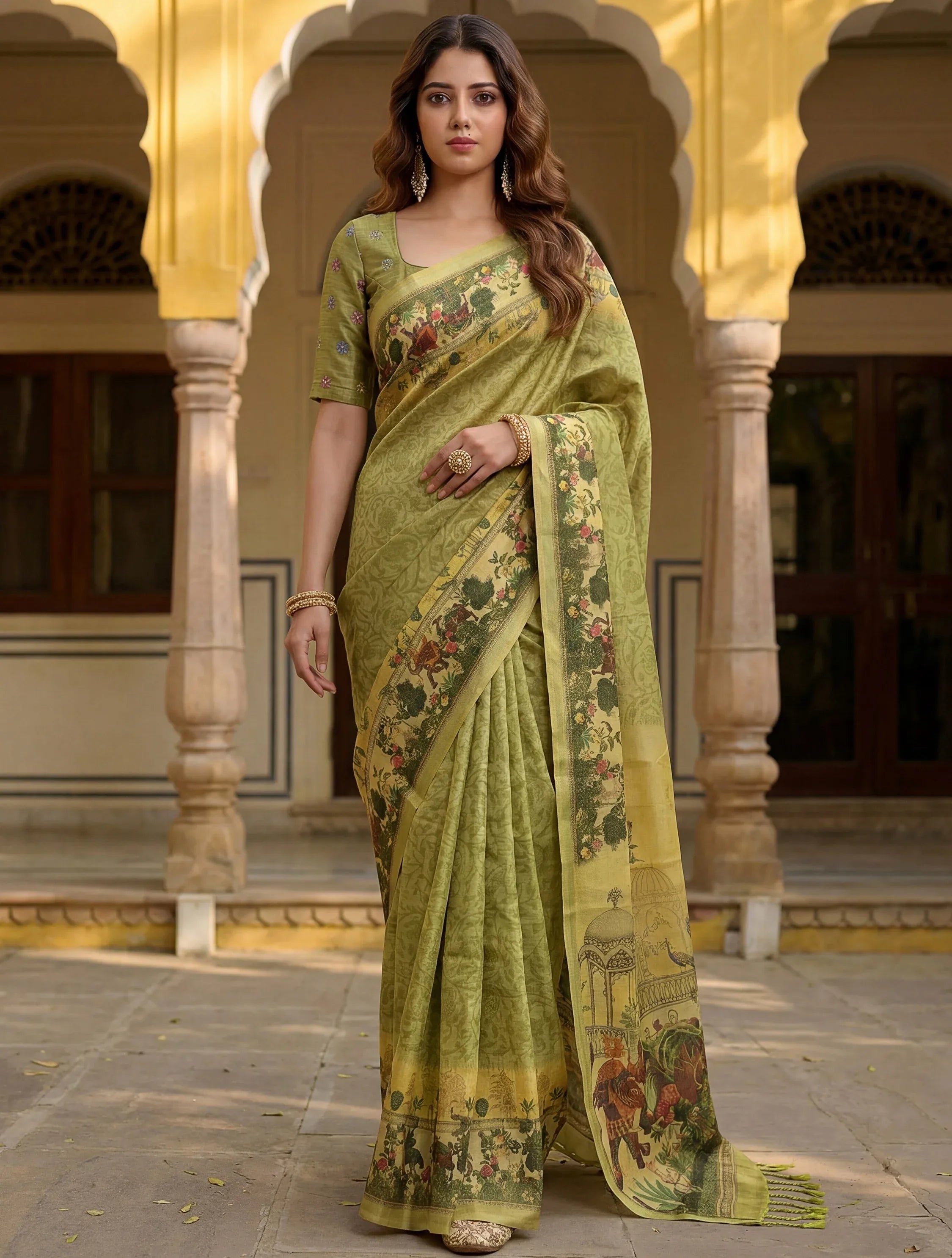 Splendid Olive Green Digital Printed Silk Mehendi Wear Saree With Blouse