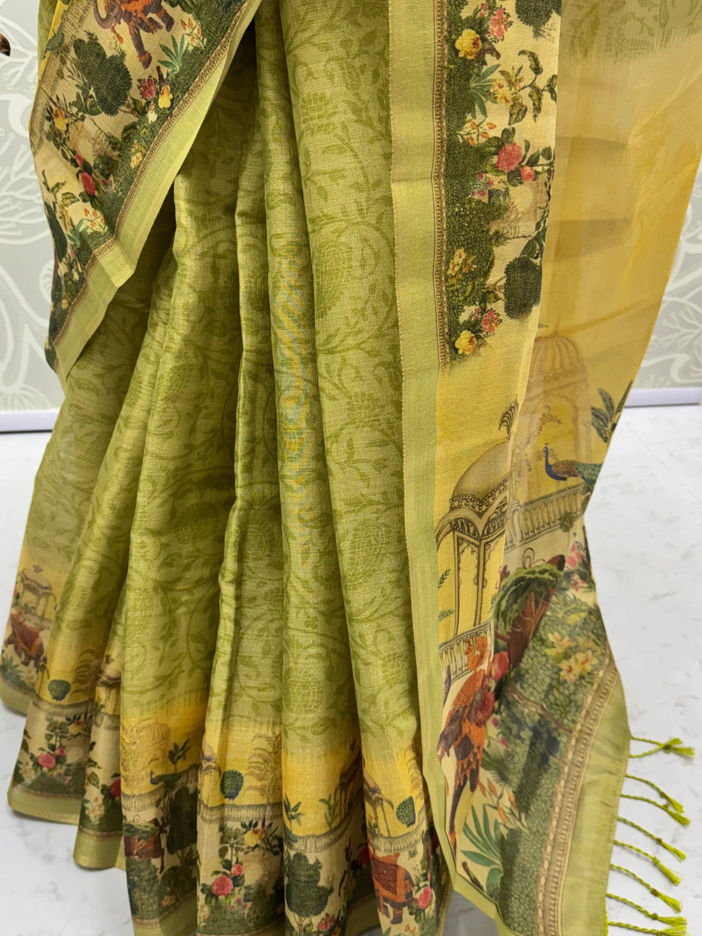 Splendid Olive Green Digital Printed Silk Mehendi Wear Saree With Blouse