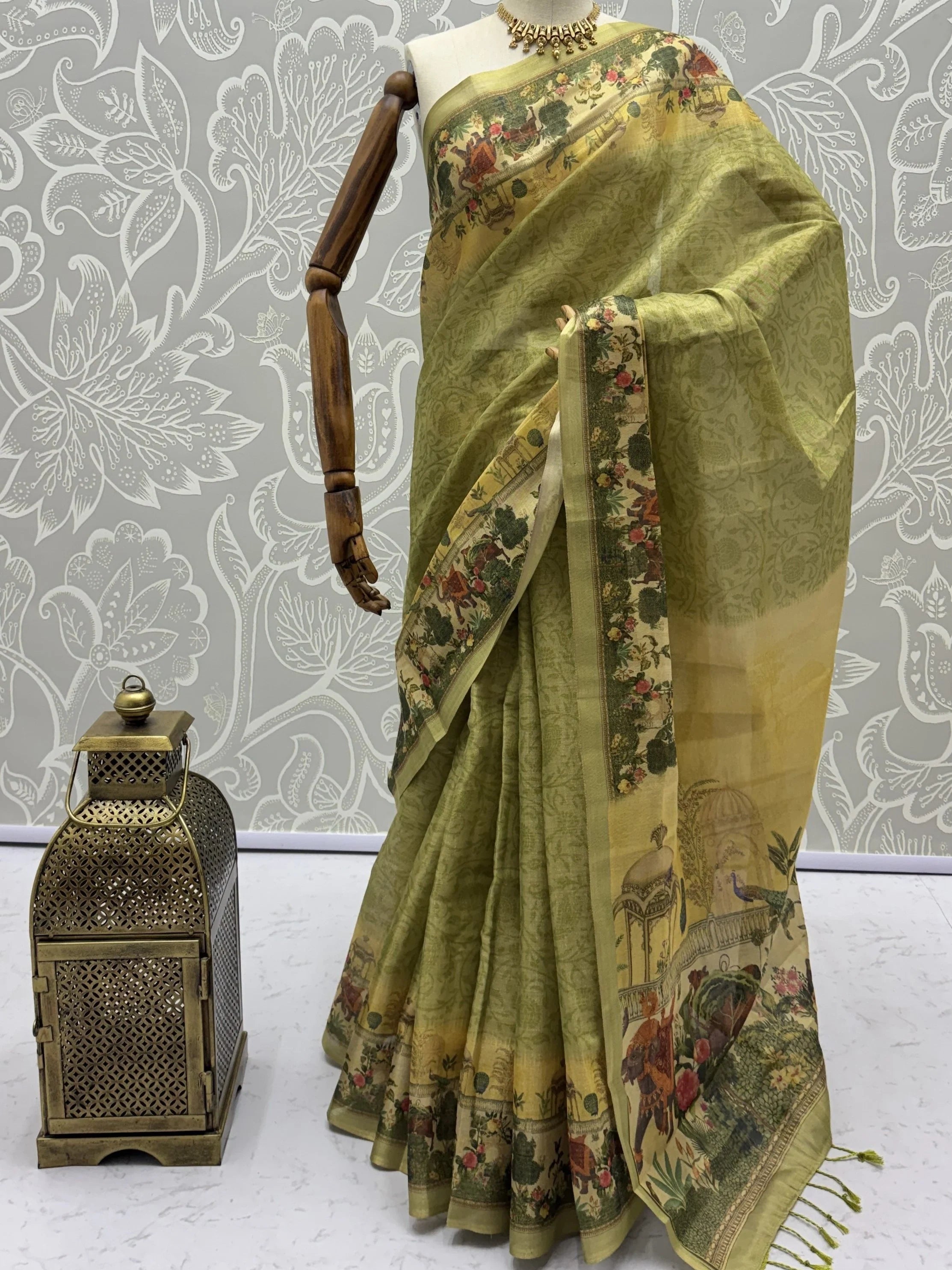 Splendid Olive Green Digital Printed Silk Mehendi Wear Saree With Blouse