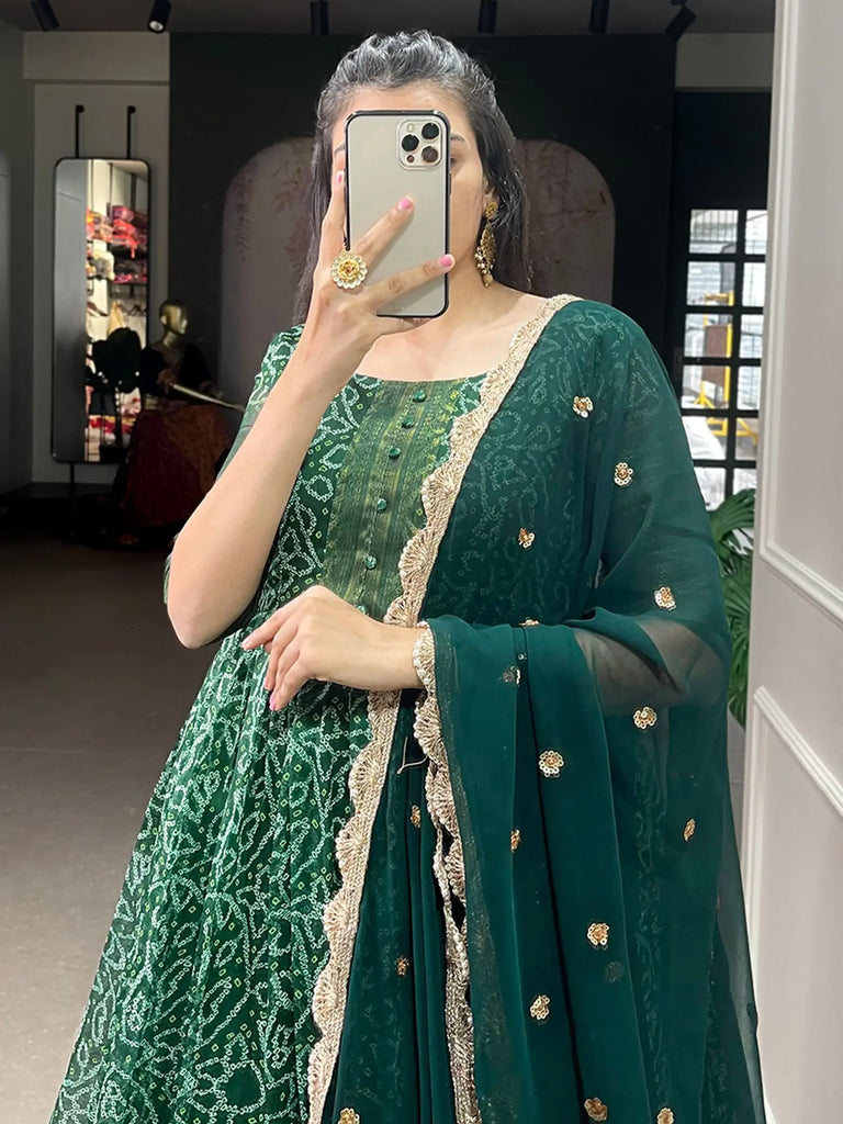 Attractive Green Printed Chanderi Reception Wear Gown With Dupatta