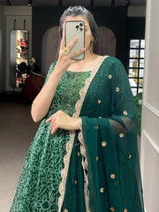 Attractive Green Printed Chanderi Reception Wear Gown With Dupatta