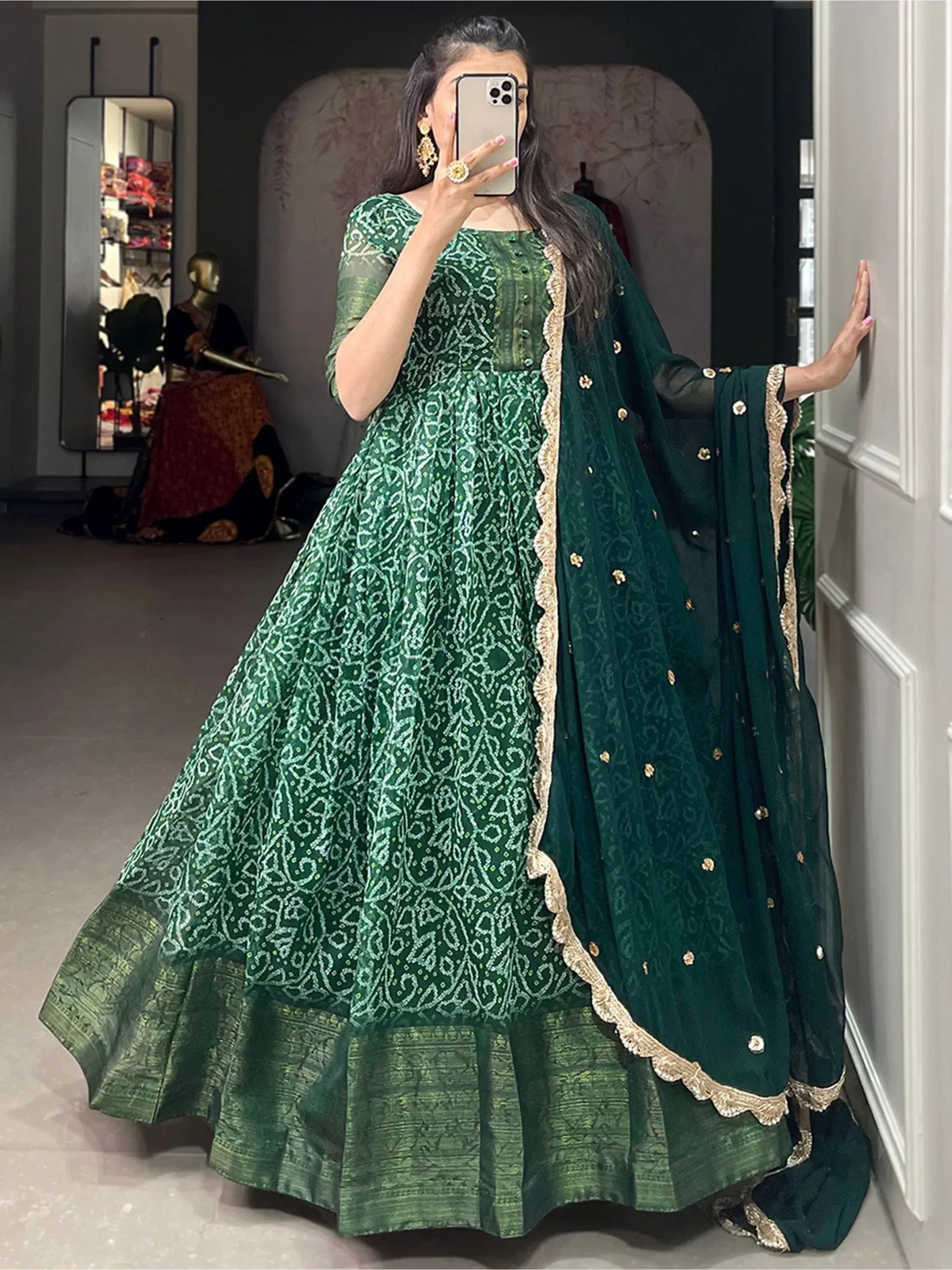 Emerald green designer anarkali with gold embroidery and matching dupatta, ethnic Indian wear