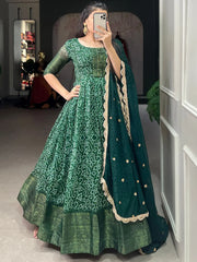 Attractive Green Printed Chanderi Reception Wear Gown With Dupatta