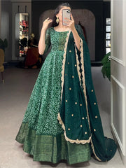 Attractive Green Printed Chanderi Reception Wear Gown With Dupatta
