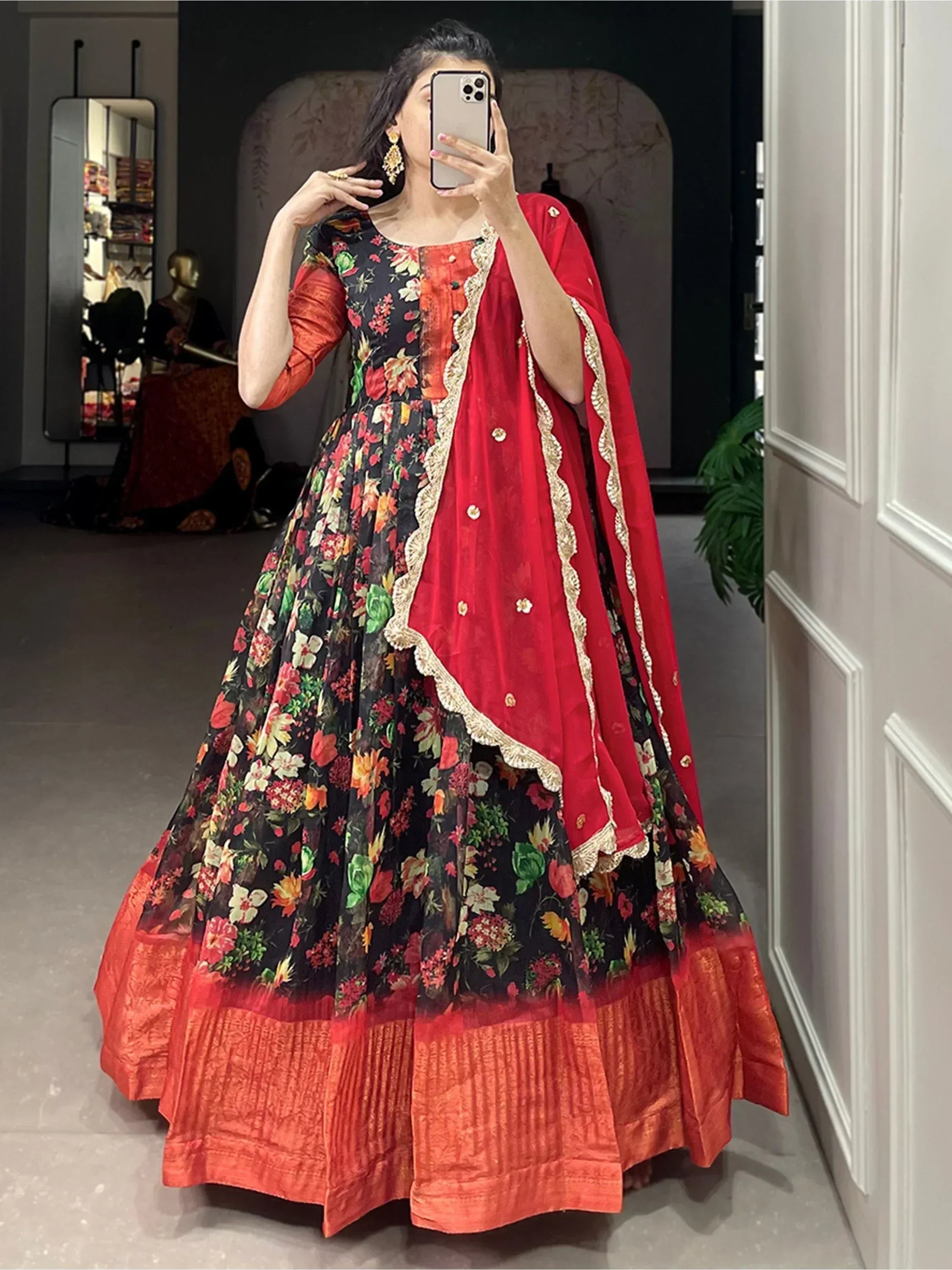 Black floral anarkali with red dupatta, ethnic Indian wear for women