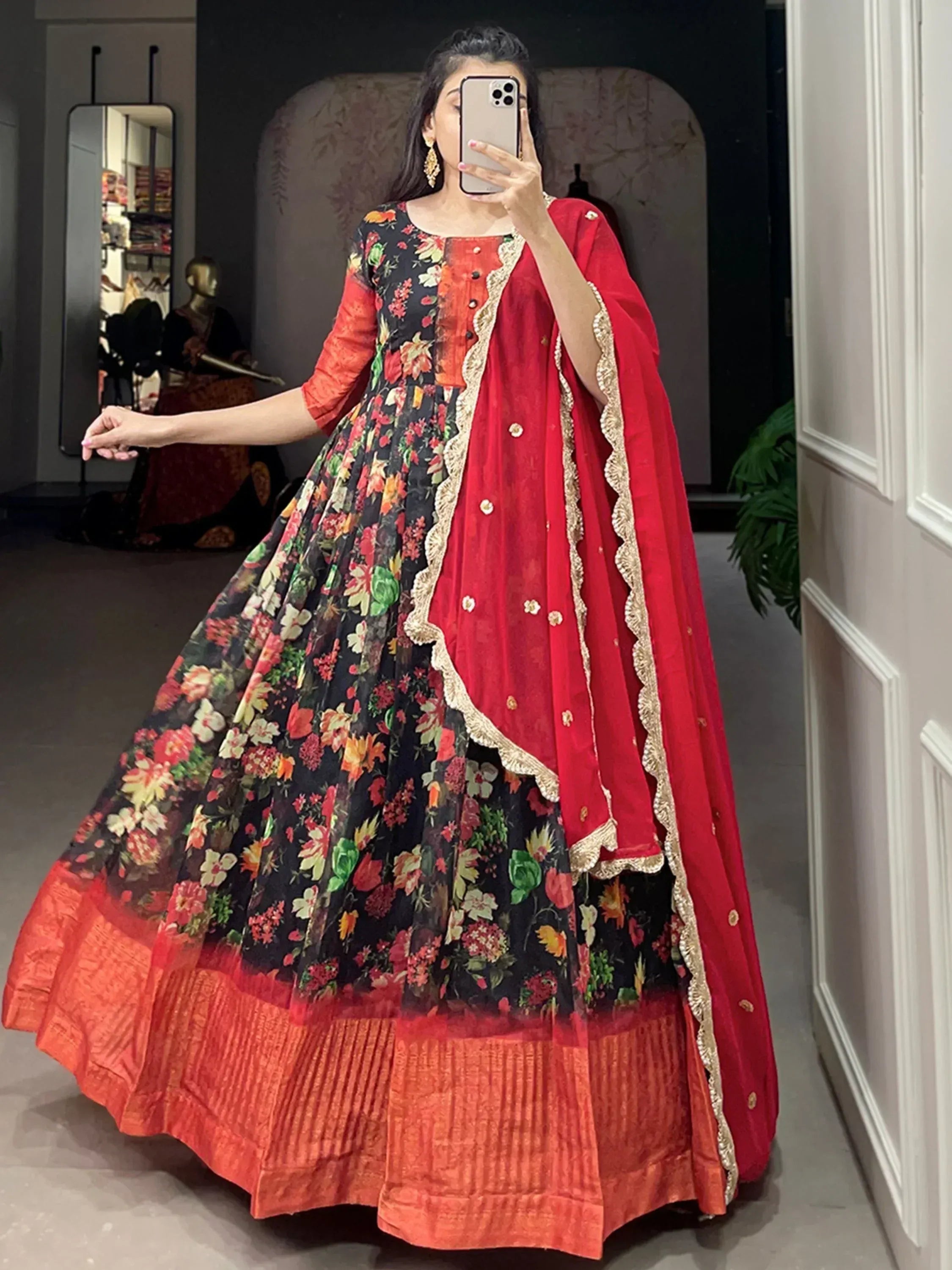 Floral print black and red anarkali with gold trim, ethnic Indian wear for women