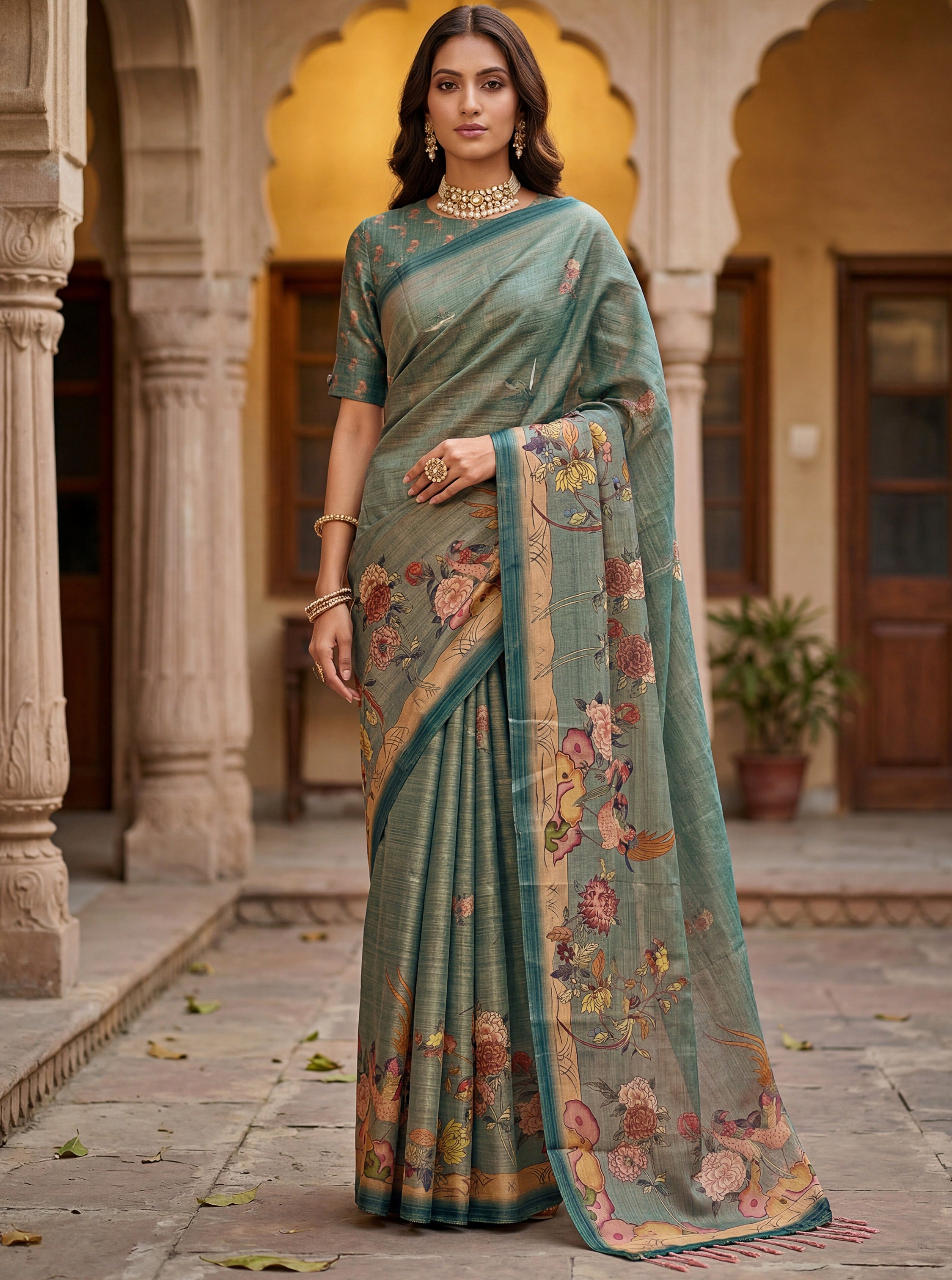 Dazzling Teal Green Floral Printed Silk Traditional Saree With Blouse