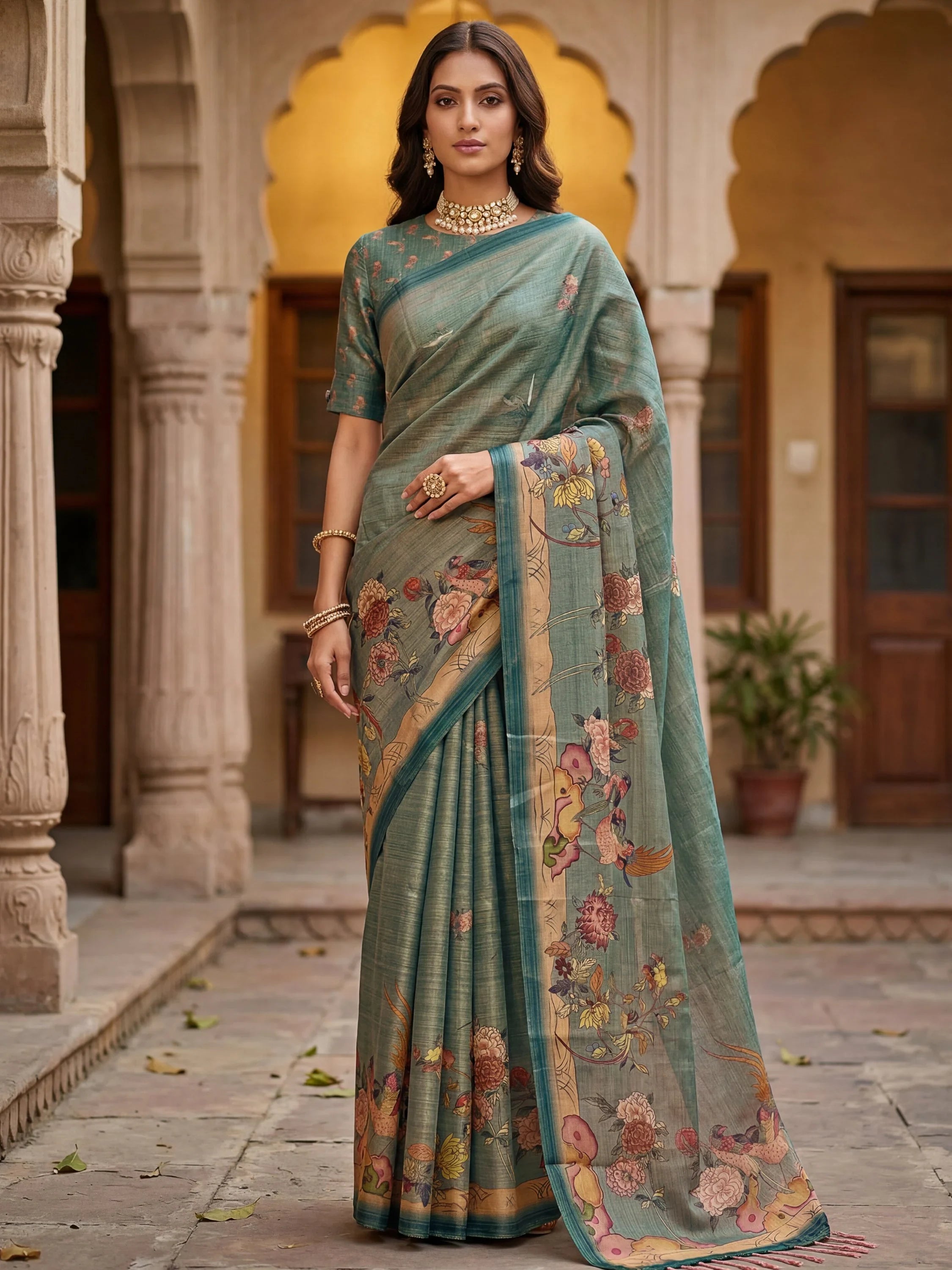 Dazzling Teal Green Floral Printed Silk Traditional Saree With Blouse